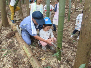 竹切りに真剣な年長児